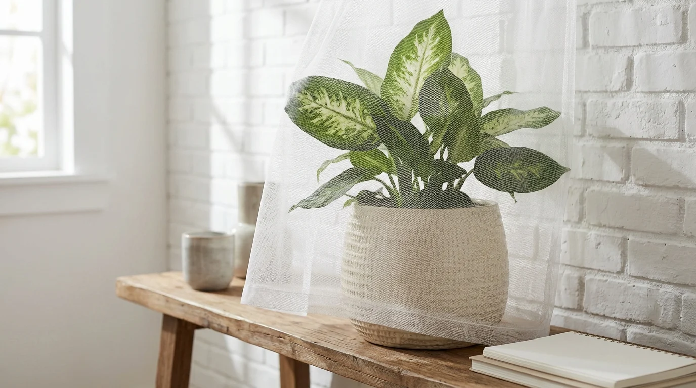 Prevenção e cuidados na hora de como acabar com lagartas nas plantas ||| Vaso de cerâmica branca com planta de folhas grandes manchadas de branco e verde, tela de proteção de malha fina cobrindo suavemente a folhagem, fundo de parede de tijolos brancos