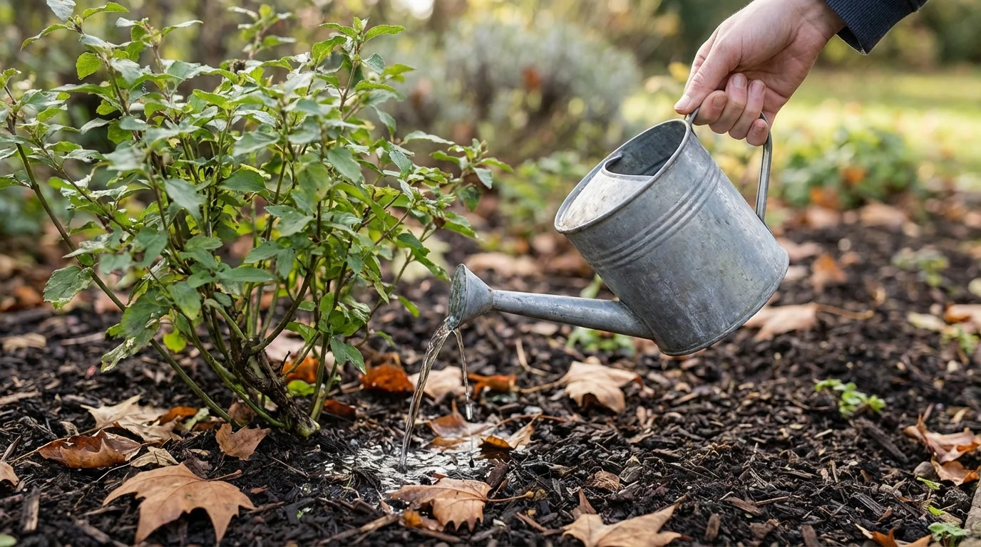 Rega correta de plantas para cerca viva na sombra ||| Mão segurando um regador de metal cinza pequeno, despejando água sobre a base de um arbusto verde num canteiro escuro, folhas secas no chão, foco raso, luz natural indireta