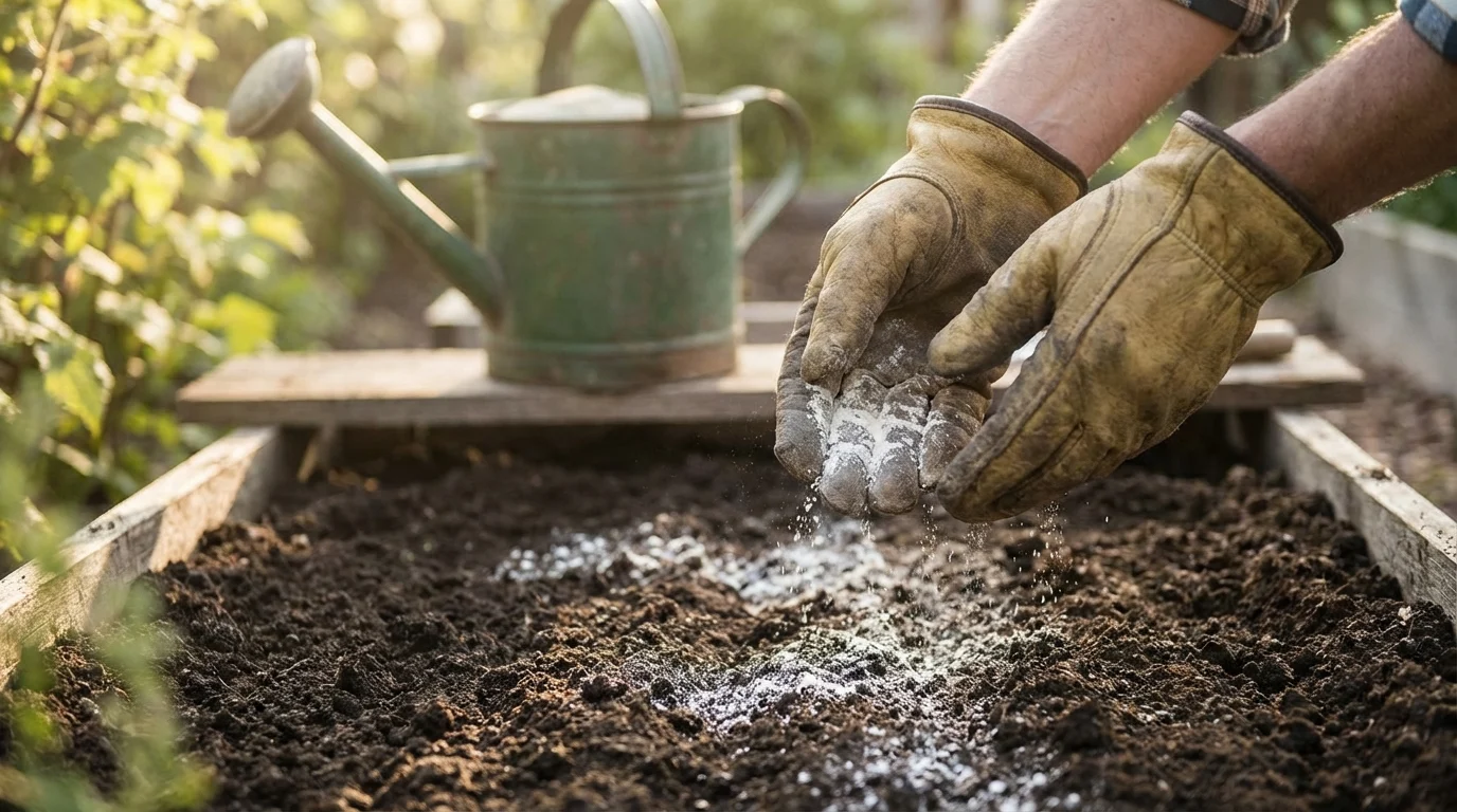 Fertilização e adubo ideal para o girassol vermelho crescer saudável ||| Regador de metal verde antigo ao lado de um vaso grande de terracota, folhagens densas ao fundo, gramado verde e bem cuidado, cena diurna de jardim residencial