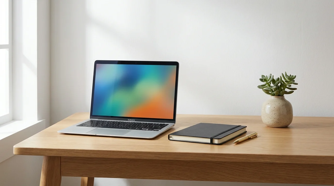 Mesa organizada traz ânimo e disposição na rotina de trabalho ||| Mesa de madeira clara impecavelmente organizada com notebook prateado, caderno de capa dura preta, caneta dourada e pequeno vaso de cerâmica com suculenta, parede branca lisa ao fundo