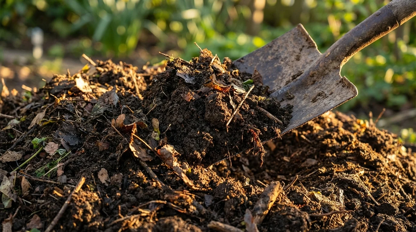 Terra escura e fértil sendo preparada com adubo orgânico ||| Porção de terra escura e úmida misturada com pedaços de matéria orgânica sendo revolvida por uma pá de metal rústica, luz do sol incidindo lateralmente, textura rica do solo
