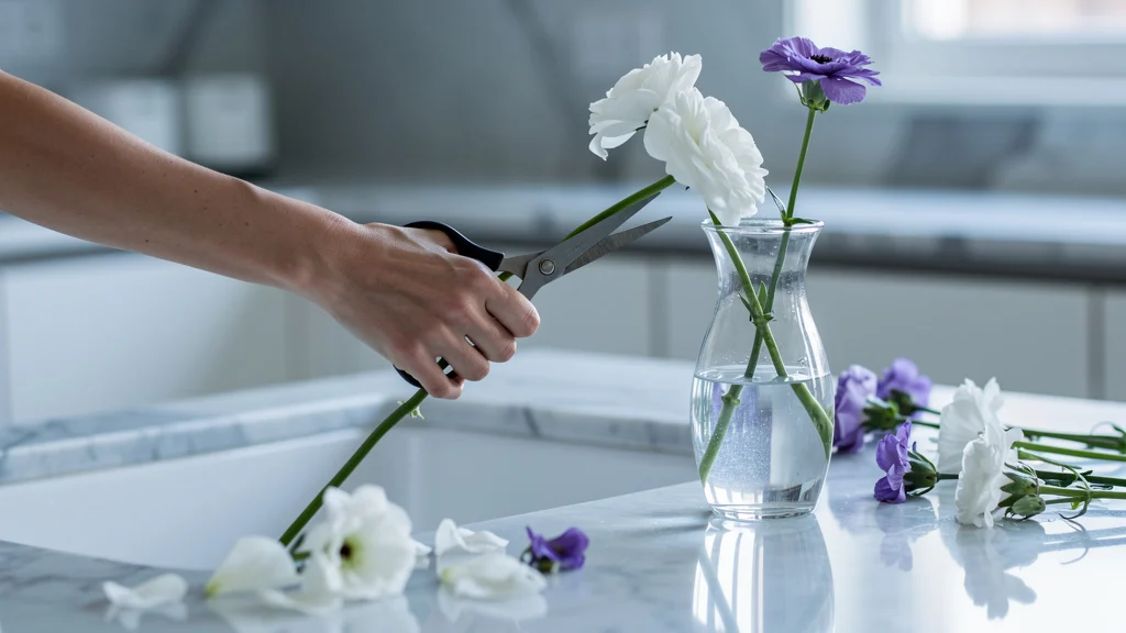 Flores para atrair boas energias em vaso com cuidados de conservação ||| Mão feminina cortando caule de flor branca sobre pia de mármore, vaso de vidro transparente com água cristalina ao lado, flores brancas e roxas espalhadas, luz natural fria, cozinha clean ao fundo