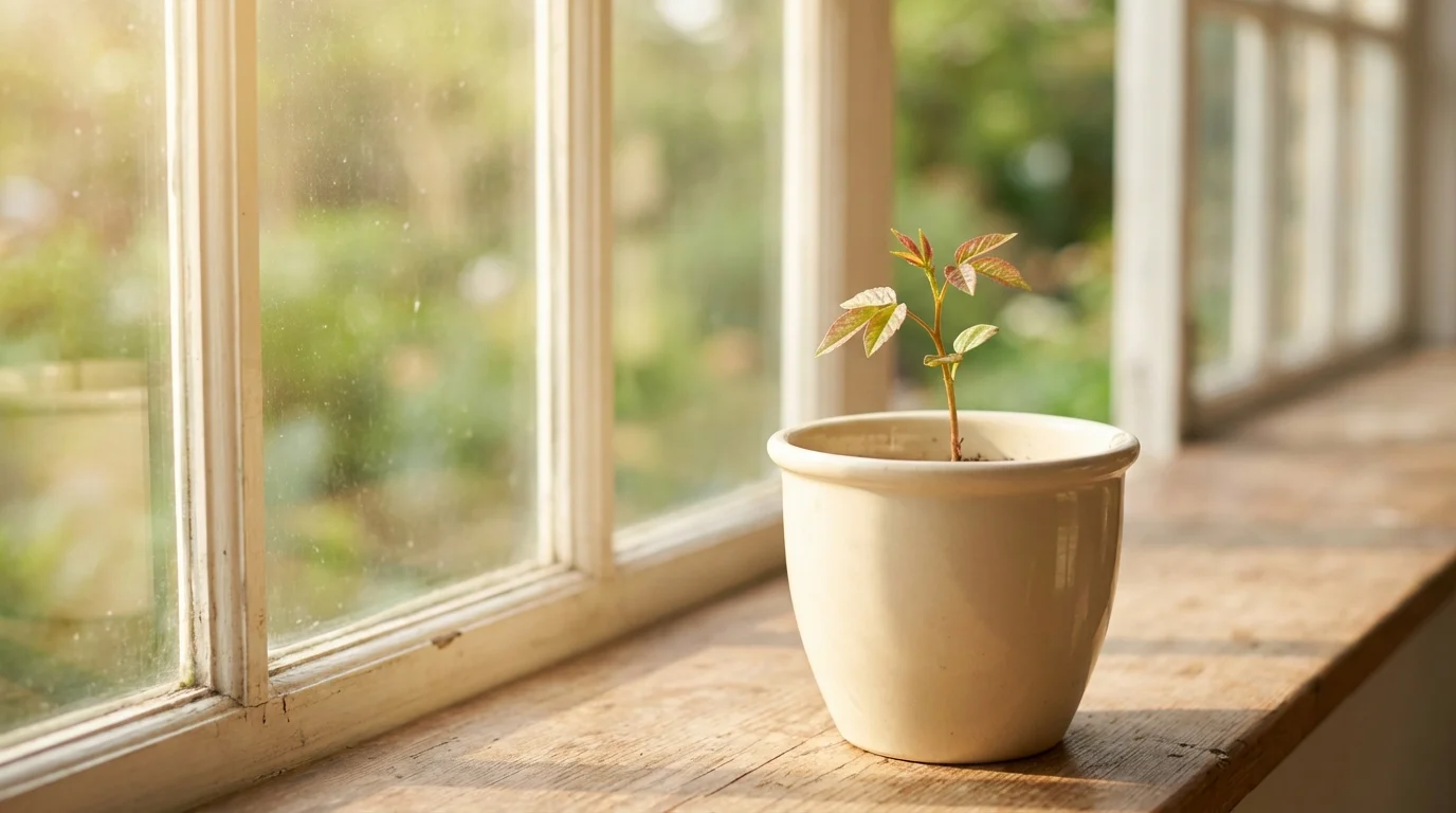 Como Plantar Semente de Lichia Passo a Passo Muda jovem de lichia crescendo em vaso iluminado ||| Pequeno broto com folhas avermelhadas e verdes crescendo em um vaso de cerâmica clara, posicionado próximo a uma janela de vidro, luz da manhã suave