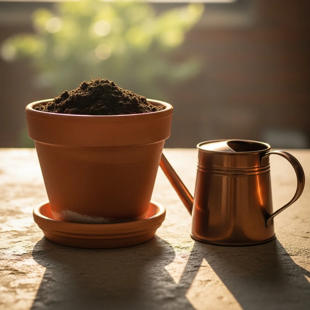 Ficus elastica crescer mais com vaso de drenagem e substrato adequado ||| Vaso de terracota rústico com prato embaixo, posicionado sobre chão de cimento queimado, terra preta solta e adubada visível no topo, regador de metal acobreado ao lado, cena de jardinagem urbana com luz matinal