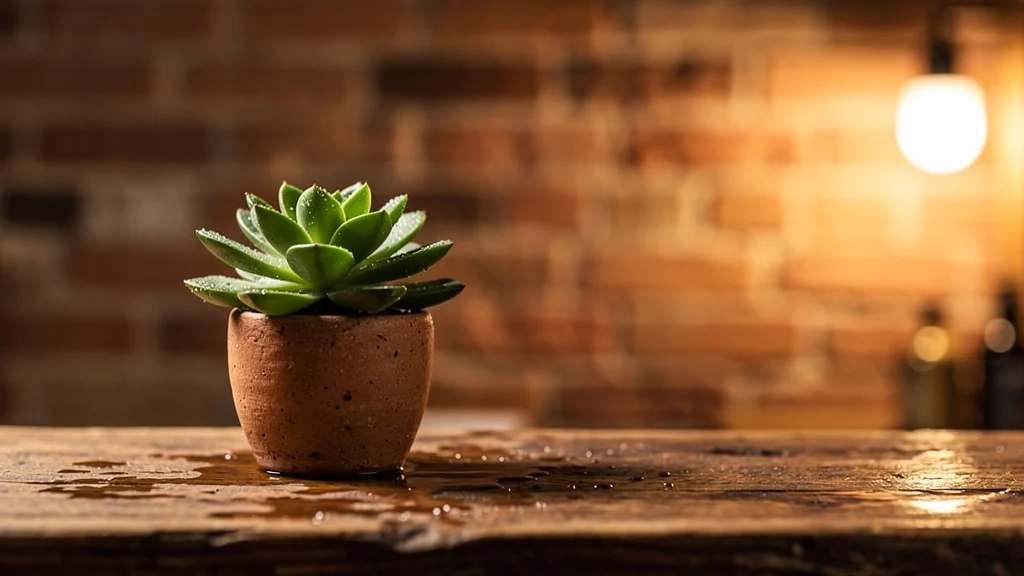 Banho de Chuveiro em Plantas de Interior Vaso com planta suculenta sobre bancada de banheiro rústico com gotículas de água nas folhas ||| Vaso pequeno de barro com planta de folhas carnudas e verdes sobre bancada de madeira envelhecida, superfície molhada com reflexos suaves, banheiro com parede de tijolinho aparente, luz quente de arandela lateral, composição editorial próxima com profundidade de campo rasa