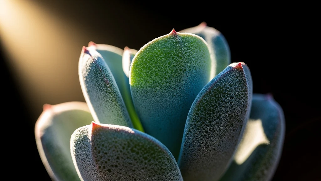 Folhas de suculenta com aspecto saudável e brilhante sob luz solar direta ||| Close em folhas cilíndricas e carnudas em verde-azulado brilhante, cobertas por uma fina camada de pó esbranquiçado natural, luz solar dura incidindo diagonalmente, fundo preto desfocado, fotografia macro editorial