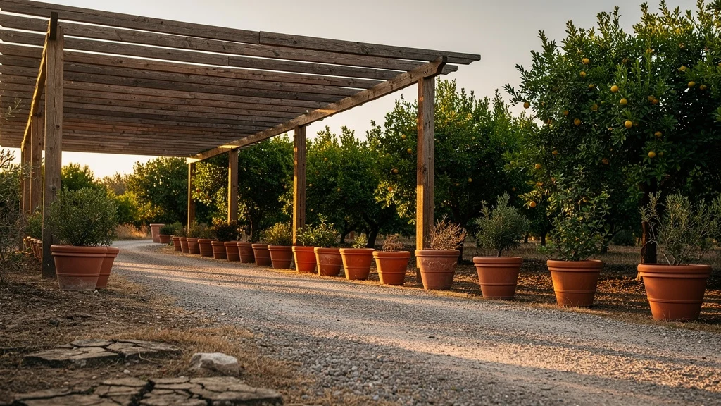 Jardim Rústico: Como Criar do Zero Jardim rústico para sítio com pergolado de madeira e vegetação exuberante ||| Área externa ampla com pergolado de vigas de madeira envelhecida, vasos grandes de barro ao longo de caminho de cascalho, vegetação densa em segundo plano com árvores frutíferas, luz dourada do fim do dia, textura de solo seco, composição fotográfica ampla com perspectiva profunda
