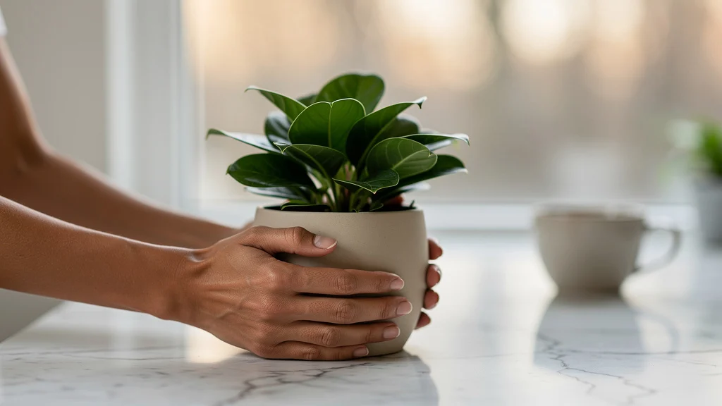 Flor da Zamioculca: Por Que Quase Ninguém Vê Mãos cuidando de planta em vaso próximo a janela com luz natural ||| Par de mãos femininas com pele morena clara segurando vaso cerâmico bege com planta de folhas verdes e brilhosas, luz natural quente entrando pela janela de vidro ao fundo, bancada de mármore branco, xícara de café desfocada ao lado, tom editorial suave