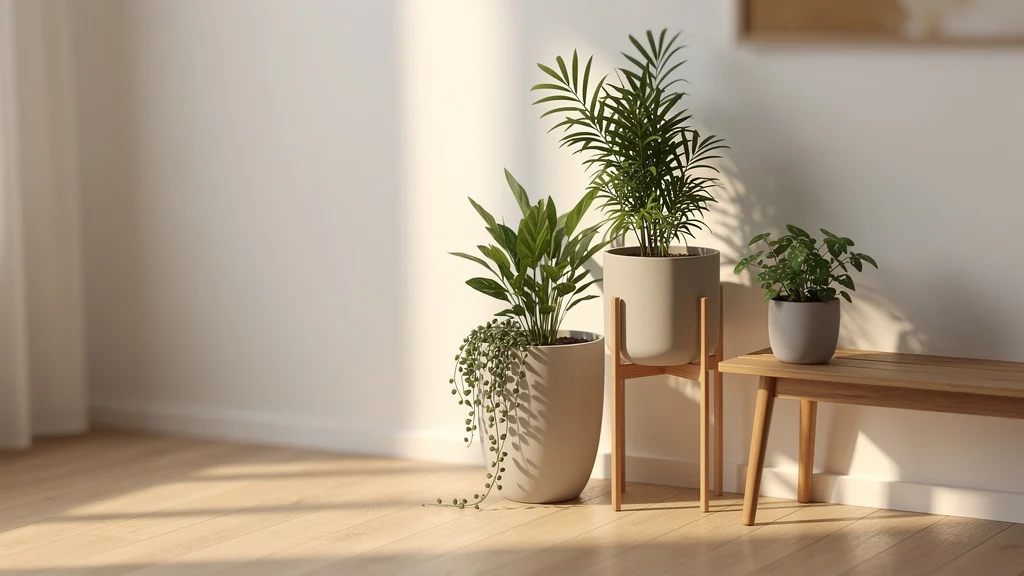 Plantas de Interior: o Cuidado que Muda Tudo Canto de apartamento com plantas de interior em diferentes alturas, luz natural de janela ||| Canto de sala com chão de madeira, três vasos em diferentes alturas — um alto com planta ereta, um médio pendente e um pequeno sobre banco de madeira —, luz lateral suave de janela, paredes brancas, sombras suaves no chão, estética escandinava