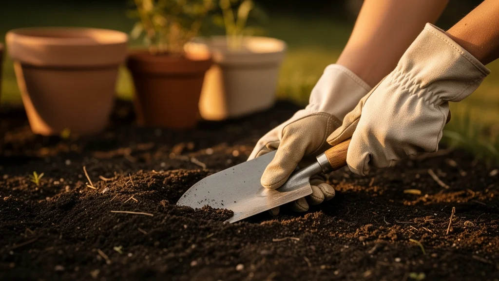 Pessoa cuidando de jardim pequeno com ferramentas de jardinagem em dia ensolarado ||| Mãos femininas com luvas de jardinagem bege segurando pequena pá de metal, solo escuro e fértil visível, vasos de cerâmica ao fundo desfocados, luz solar suave lateral, composição fechada com foco nas mãos e terra