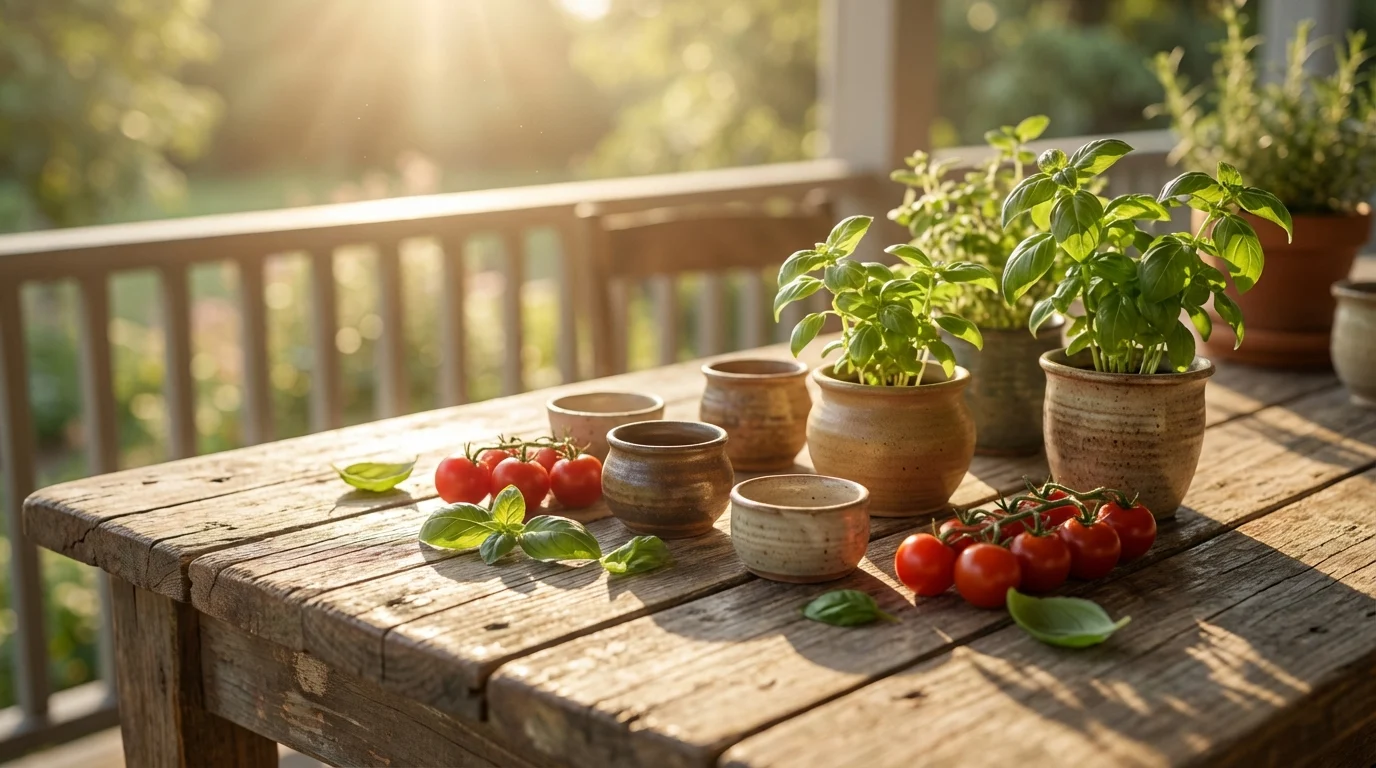 Hortas urbanas de alta performance para pequenos espaços ||| Mesa rústica de madeira na varanda com pequenos vasos de cerâmica, tomates cereja vermelhos, folhas verdes de manjericão, luz de sol da manhã
