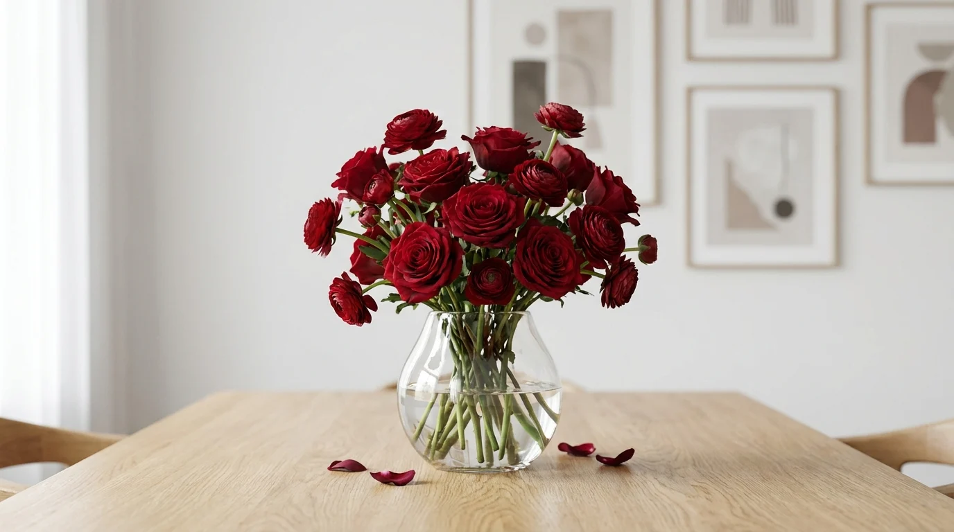 Ideias de decoração usando girassol vermelho na sala ||| Arranjo floral de mesa com pétalas vermelhas escuras em um vaso de vidro elegante, mesa de jantar de madeira clara, fundo com parede branca e quadros minimalistas desfocados