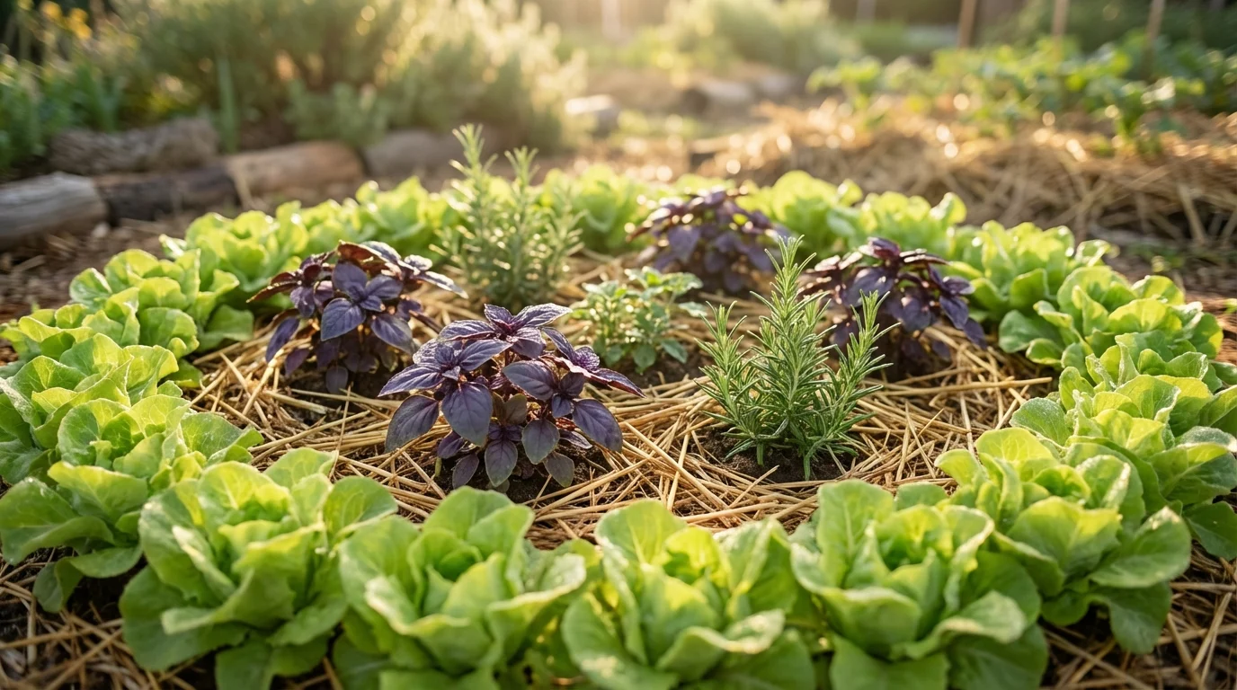 Horta mandala com alfaces e ervas aromáticas plantadas ||| Círculo central de jardim com folhas de alface verde-claro nas bordas externas, mudas de manjericão roxo e alecrim mais ao centro, terra úmida coberta com palha dourada