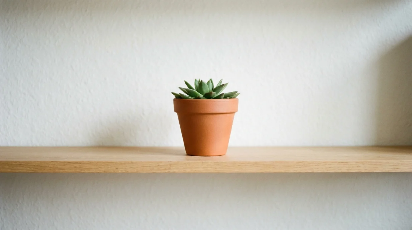 Quarentena de plantas para evitar cochonilha nas plantas de casa ||| Prateleira de madeira clara vazia, um único vaso de cerâmica terracota com pequena suculenta verde isolado no centro, parede branca ao fundo, iluminação zen e minimalista