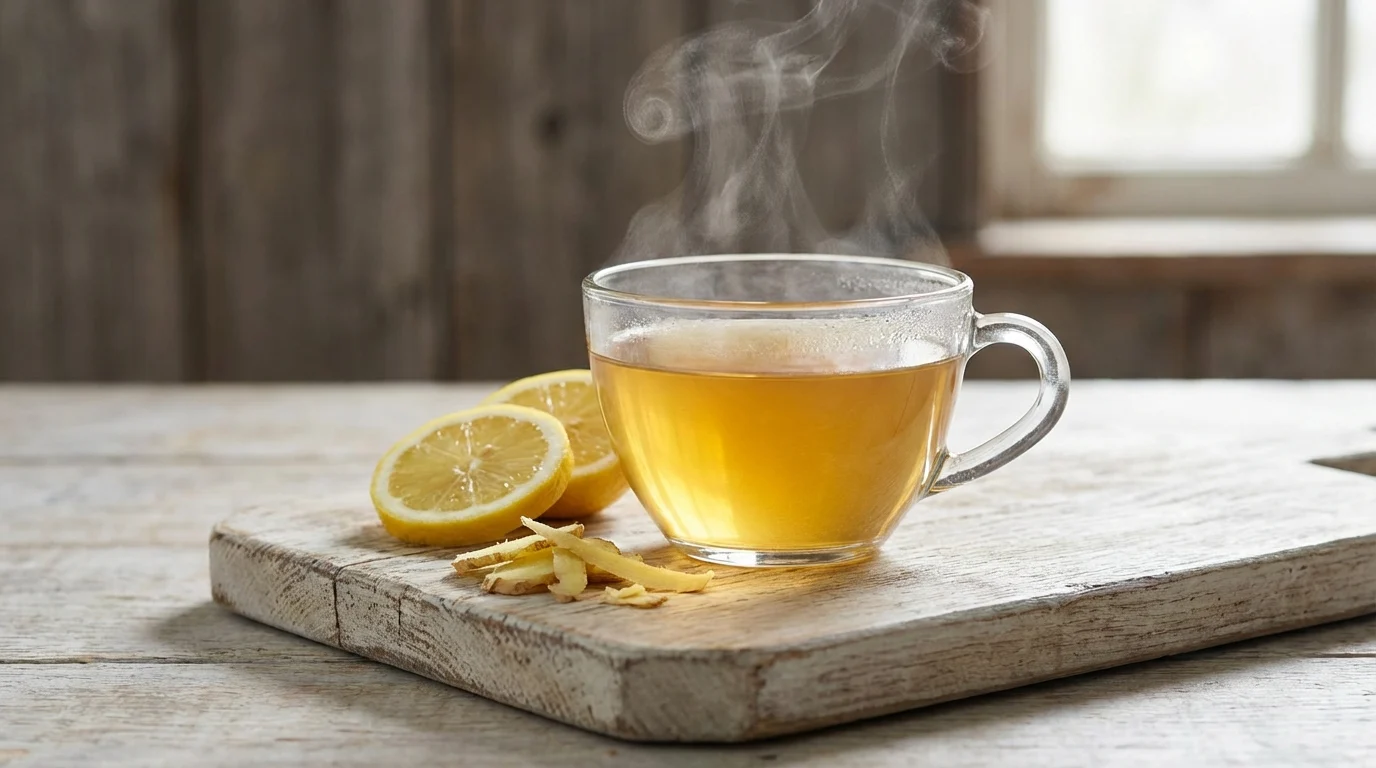 Preparo de xarope com ervas para gripe e resfriado o que plantar ||| Xícara de vidro com líquido dourado, fatias de limão e lascas de raiz amarelada ao lado sobre tábua de madeira clara, vapor suave subindo, fundo rústico