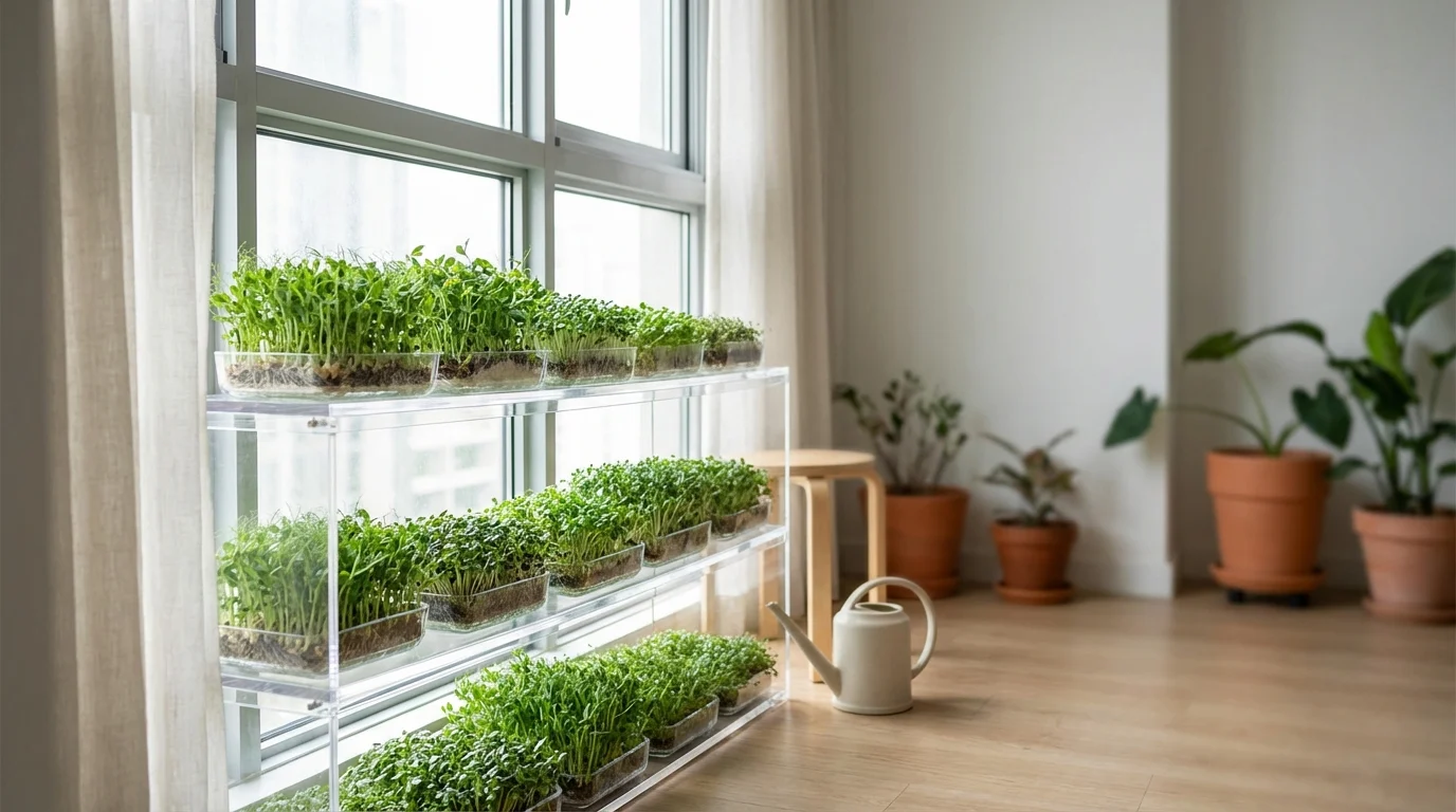 Bandejas na janela pegando luz para crescer microgreens ||| Pequeno jardim urbano de apartamento, três fileiras de recipientes transparentes com brotos verdes densos, luz indireta brilhante de janela grande, ambiente clean e minimalista