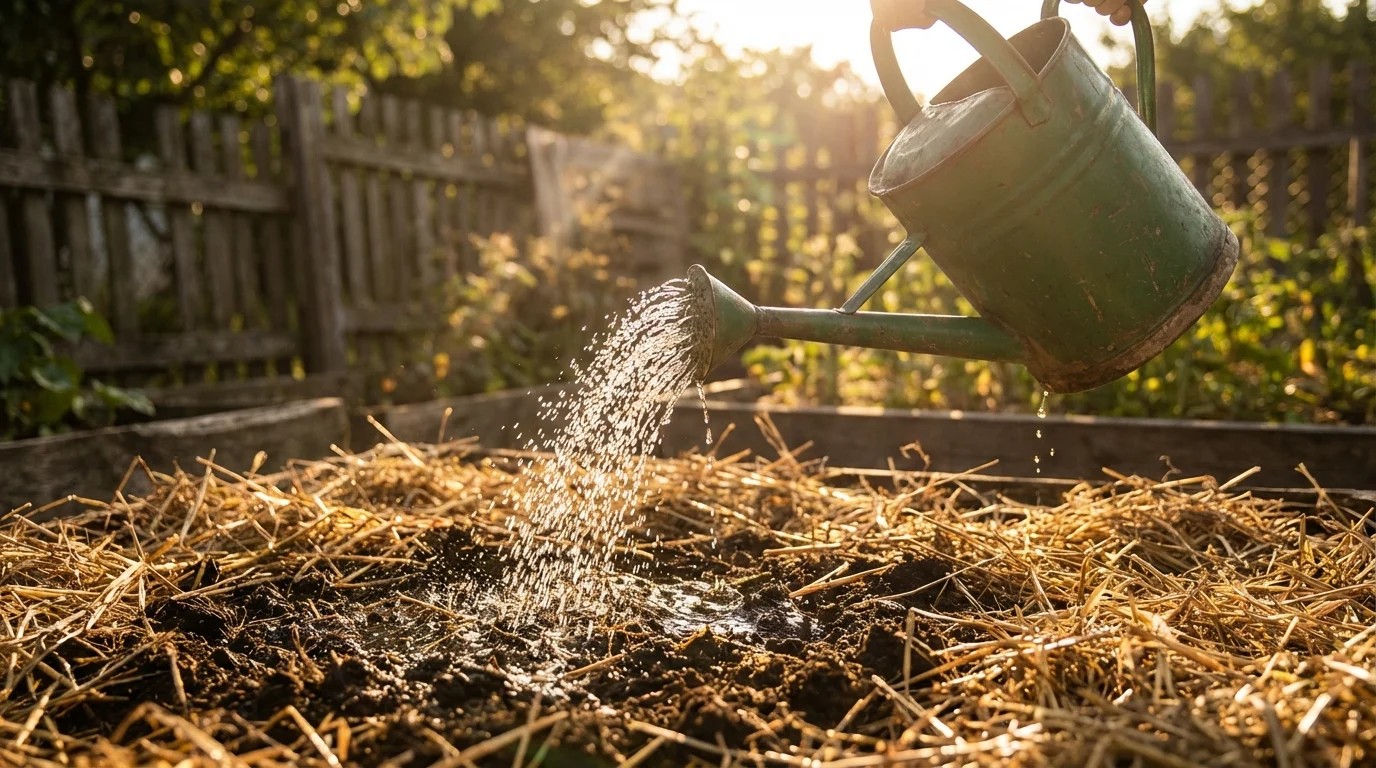 Regar horta no sul o que plantar em janeiro ||| Regador de metal verde despejando água suave sobre solo coberto com palha seca, luz de fim de tarde dourada, fotografia cinematográfica