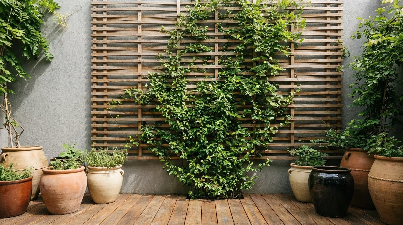 Alternativa para cerca viva na sombra com treliça de madeira ||| Parede alta cinza com grade de treliça de madeira ripada, folhas verdes de trepadeira subindo pela estrutura, piso de deck de madeira, ambiente com luz rebatida suave, vasos de cerâmica no chão