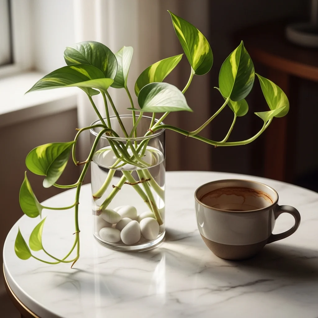 Suculentas e plantas artificiais para sala de estar ||| Detalhe de uma mesa lateral de mármore branco com um pequeno vaso de vidro cilíndrico, pedras brancas no fundo e ramos de folhas de jiboia, xícara de café de cerâmica ao lado, luz suave de janela