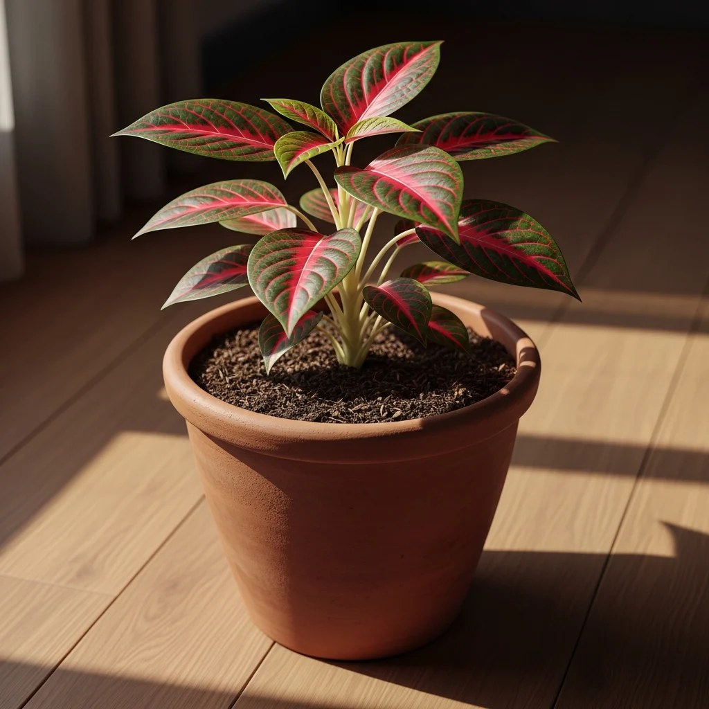 Problemas com hypoestes planta confete murcha ||| Vaso de barro com terra levemente seca, planta de folhas vermelhas e verdes, textura detalhada das nervuras da folha, luz de janela lateral criando sombras suaves no chão de madeira