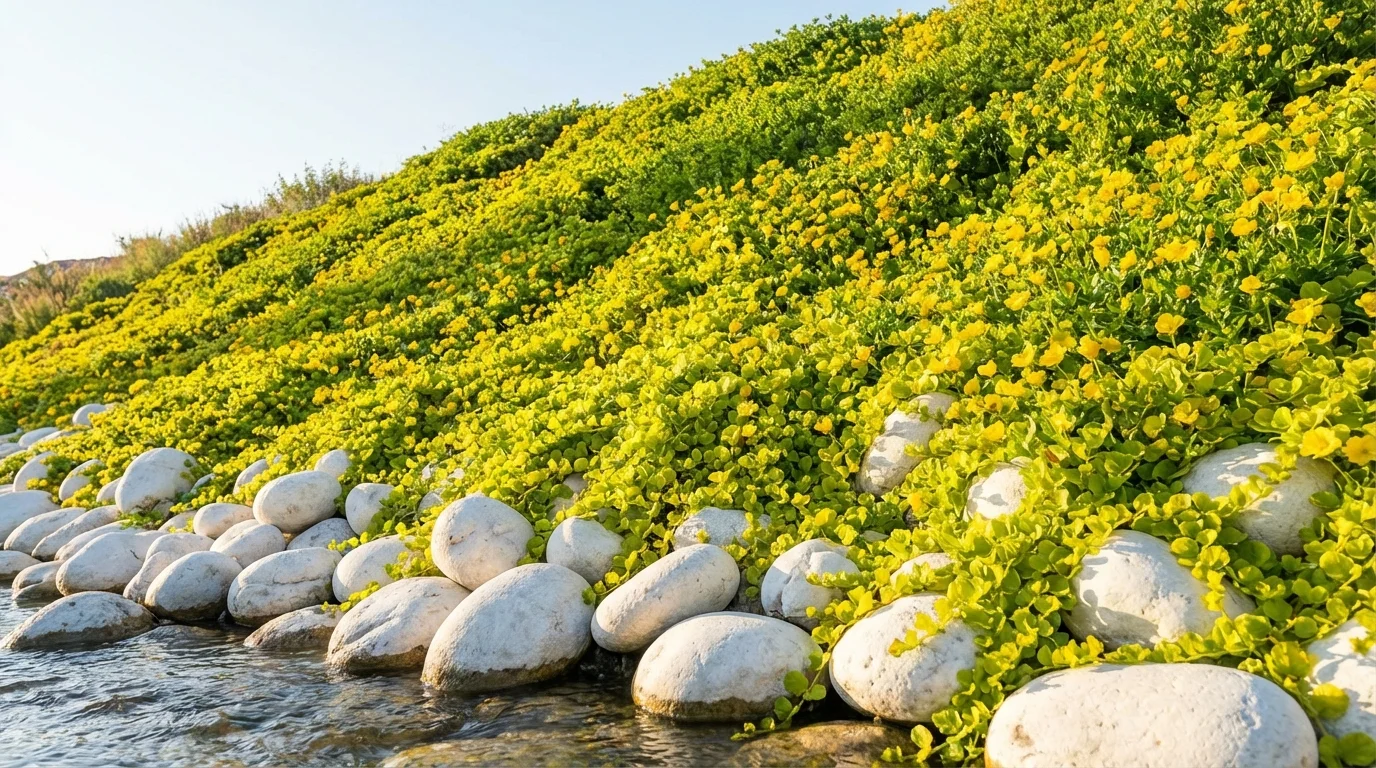 Escolhendo as forrações para um jardim em talude seguro e bonito ||| Declive acentuado de terra totalmente coberto por folhagens rasteiras verde-claras densas e pequenas flores amarelas brilhantes, grandes pedras de rio brancas na base, dia ensolarado, estilo paisagístico fotorealista