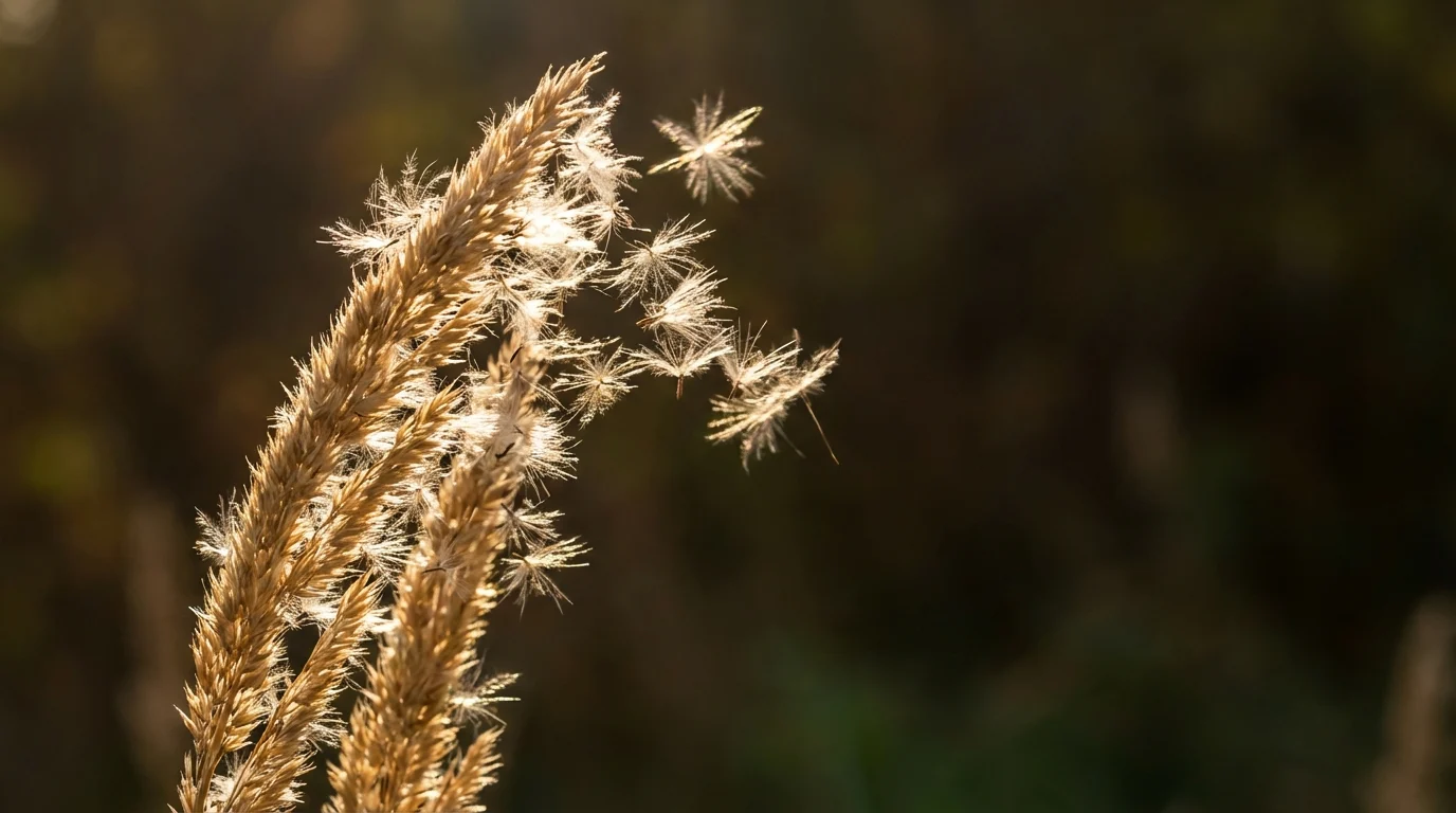 Gramíneas ao vento com luz do pôr do sol ||| Detalhe macro de sementes felpudas voando de uma espiga longa e fina de planta dourada, luz de contra-luz criando um halo brilhante, fundo desfocado escuro