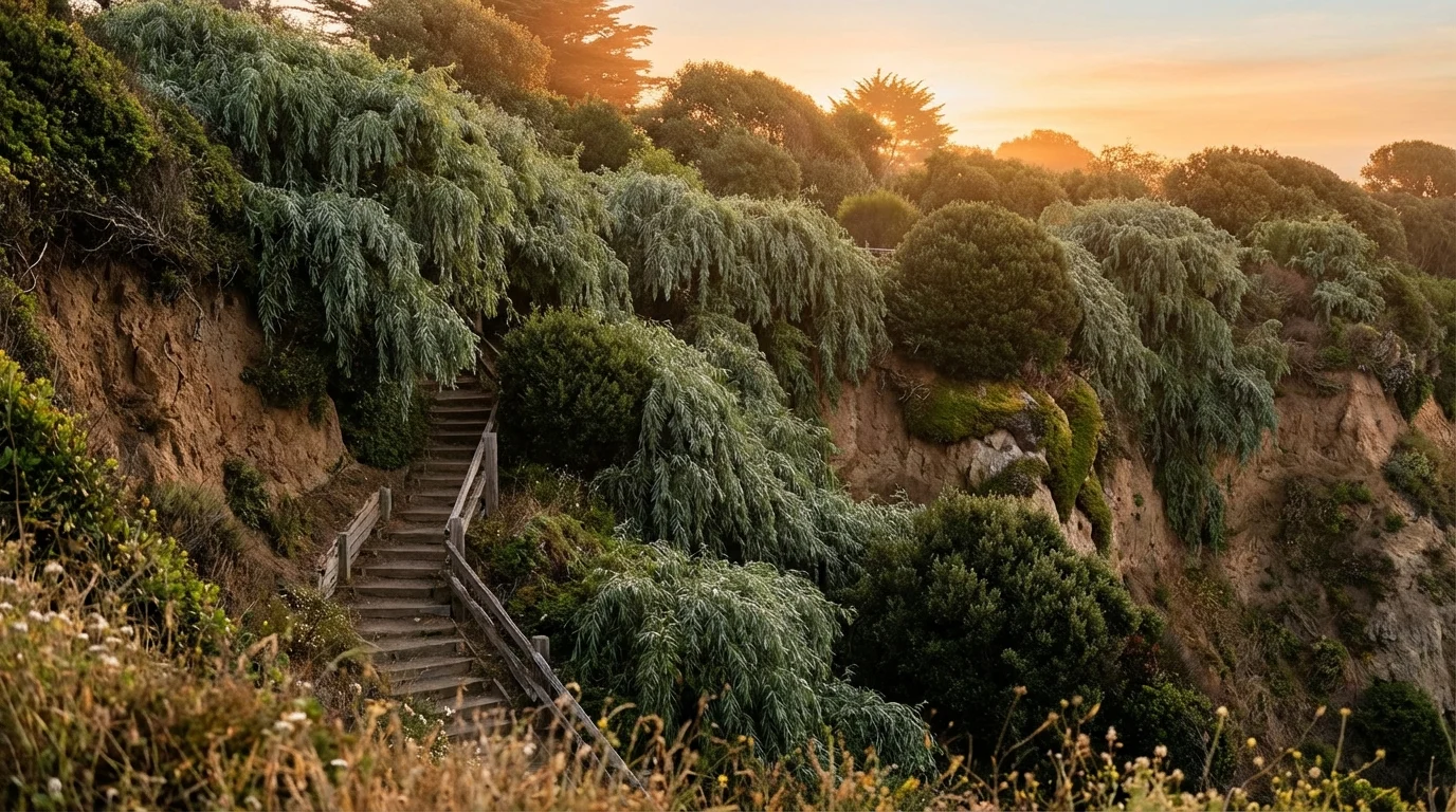 Exemplo visual de um jardim vertical em talude com plantas de várias cores ||| Paredão de terra íngreme repleto de vegetação exuberante em formato de cascata, folhas longas prateadas misturadas com arbustos redondos verde-escuros, degraus rústicos de madeira na lateral, luz suave alaranjada do final da tarde