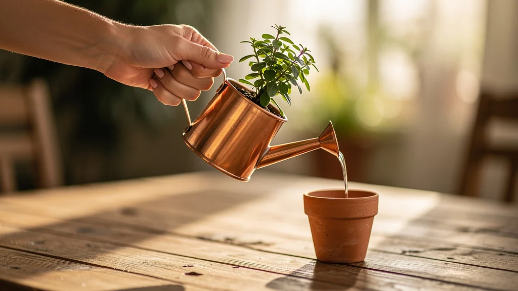Plantas de Interior: o Cuidado que Muda Tudo Mão de pessoa cuidando de planta de interior, regando com regador pequeno ||| Mão feminina com unhas naturais segurando regador de metal cobre sobre vaso de terracota com planta pequena, mesa de madeira rústica, fundo desfocado em tons verdes e beges, luz natural suave lateral, fotografia próxima e intimista