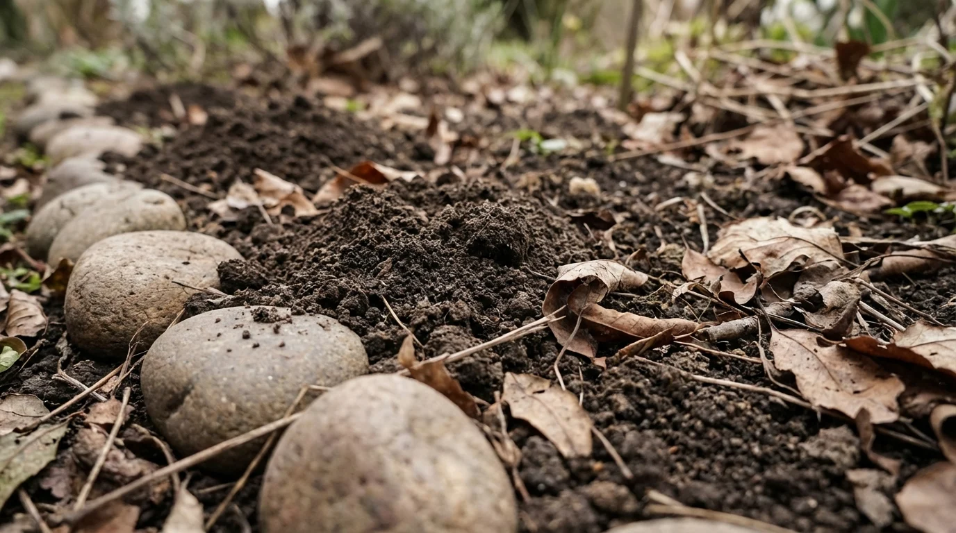 Formigas cortadeiras como eliminar saúvas e quenquéns ||| Vista aproximada do solo de um jardim com pequenos montes de terra solta, pequenas pedras redondas, folhas secas caídas ao redor, iluminação natural suave, estilo documental