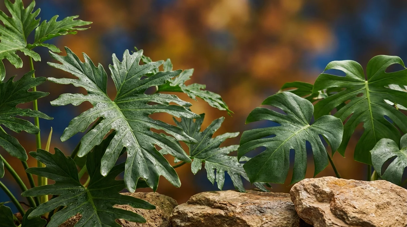 Maximalismo de folhagens e plantas estruturais em 2026 ||| Folhas grandes de Guaimbê e Costela-de-adão em primeiro plano, contrastando com pedras naturais e fundo desfocado, cores intensas, fotografia nítida e moderna