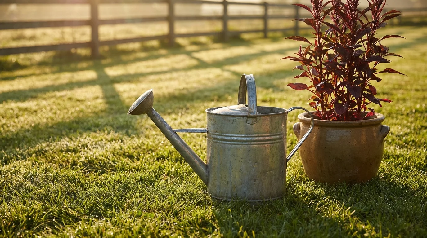 Cultivo sustentável e orgânico no quintal de casa ||| Regador de metal prateado envelhecido repousando sobre grama verde curta, vaso de cerâmica ao lado com planta alta bordô, luz do pôr do sol criando sombras alongadas, estética de fazenda