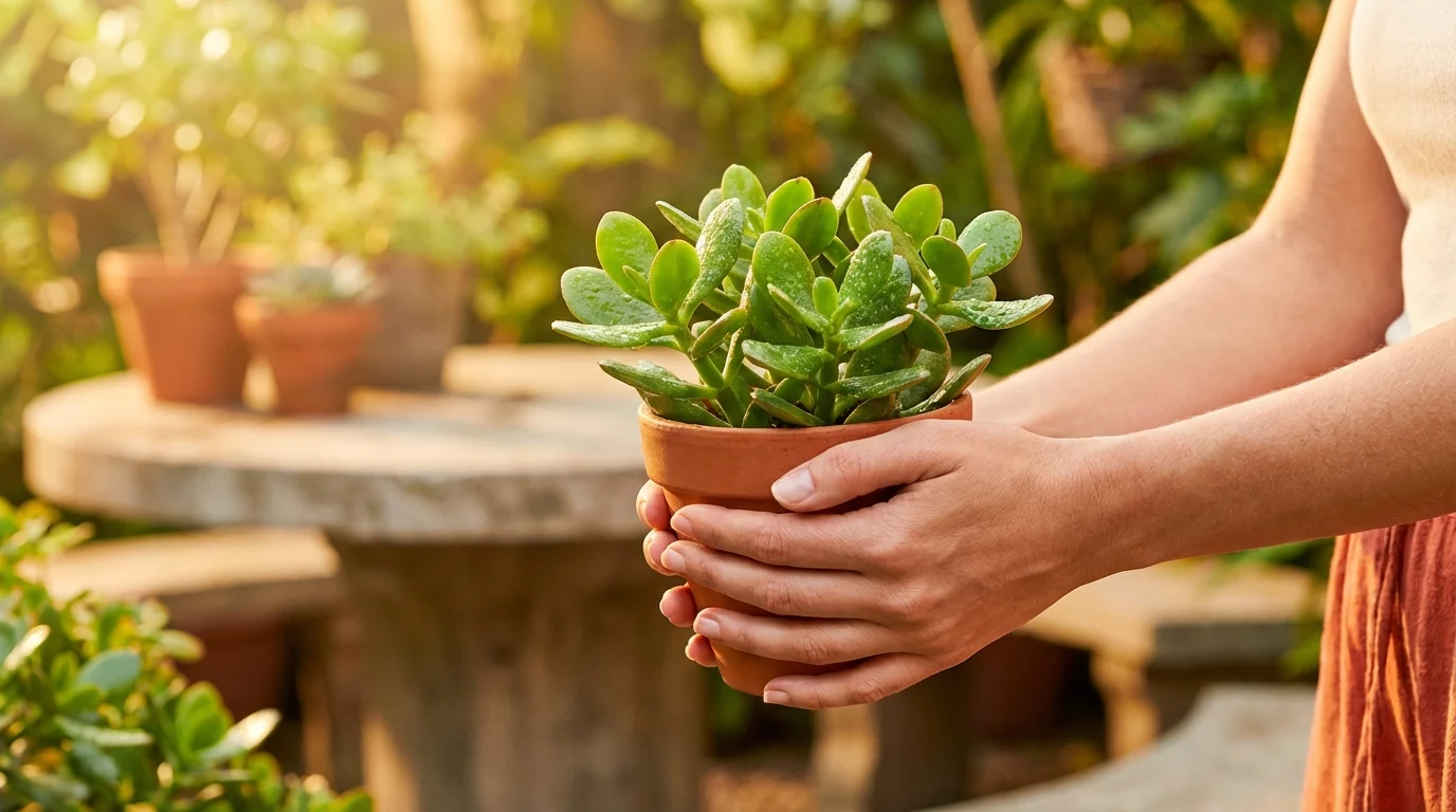 Sucesso ao combater cochonilha de raiz na rosa do deserto ||| Jardim iluminado pelo sol, mãos femininas segurando vaso com folhas de suculenta brilhantes e perfeitas, mesa de cimento ao fundo, atmosfera feliz e cores vibrantes e nítidas