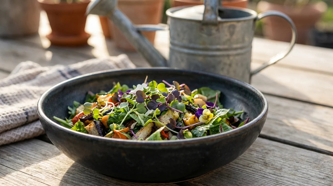 Salada decorada com folhas jovens cultivadas em casa ||| Prato fundo de cerâmica escura servindo uma salada rústica, coberta por pequenos caules verdes e roxos de plantas jovens, regador pequeno de metal no fundo desfocado