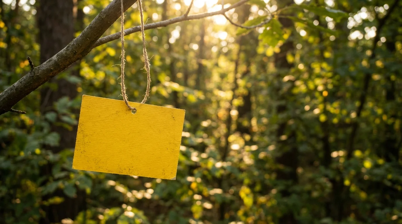 Armadilhas ecológicas para insetos voadores no jardim ||| Pequeno cartão amarelo vibrante pendurado por um fio fino em galho de árvore, foco raso, vegetação densa ao fundo com luz solar filtrada, estilo fotográfico realista