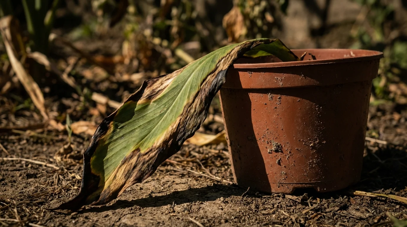 O que não fazer sobre como acabar com lagartas nas plantas ||| Foco no topo de uma folha verde murcha e queimada nas bordas, vaso de plástico marrom amassado no chão, iluminação dramática contrastante
