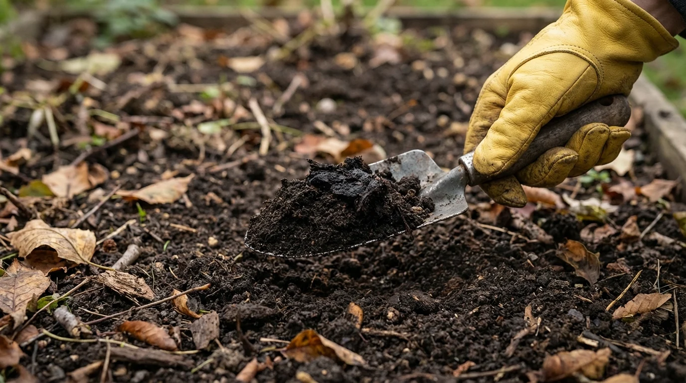 Preparo de solo e adubação de planta para cerca viva na sombra ||| Mão com luva amarela de jardinagem misturando terra escura e fofa com húmus numa pá metálica pequena, pequenas folhas caídas ao redor, iluminação natural indireta de dia nublado, textura detalhada