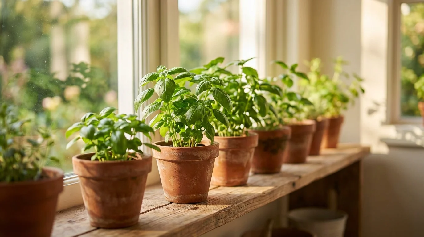 Galho de planta enraizado pronto para o transplante ||| Vasos pequenos de terracota alinhados em uma prateleira de madeira perto de uma janela ensolarada, cada um contendo uma planta pequena e vigorosa com folhas verdes brilhantes