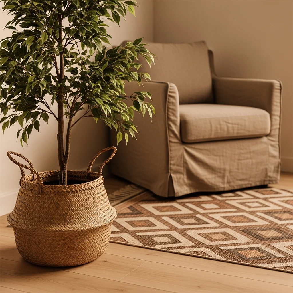 Árvore em cesto de palha como plantas artificiais para sala ||| Canto de uma sala acolhedora iluminada com piso de madeira clara, cesto de palha rústica trançada abrigando uma árvore de ficus cheia de folhas verdes, tapete geométrico no chão, poltrona de linho ao fundo