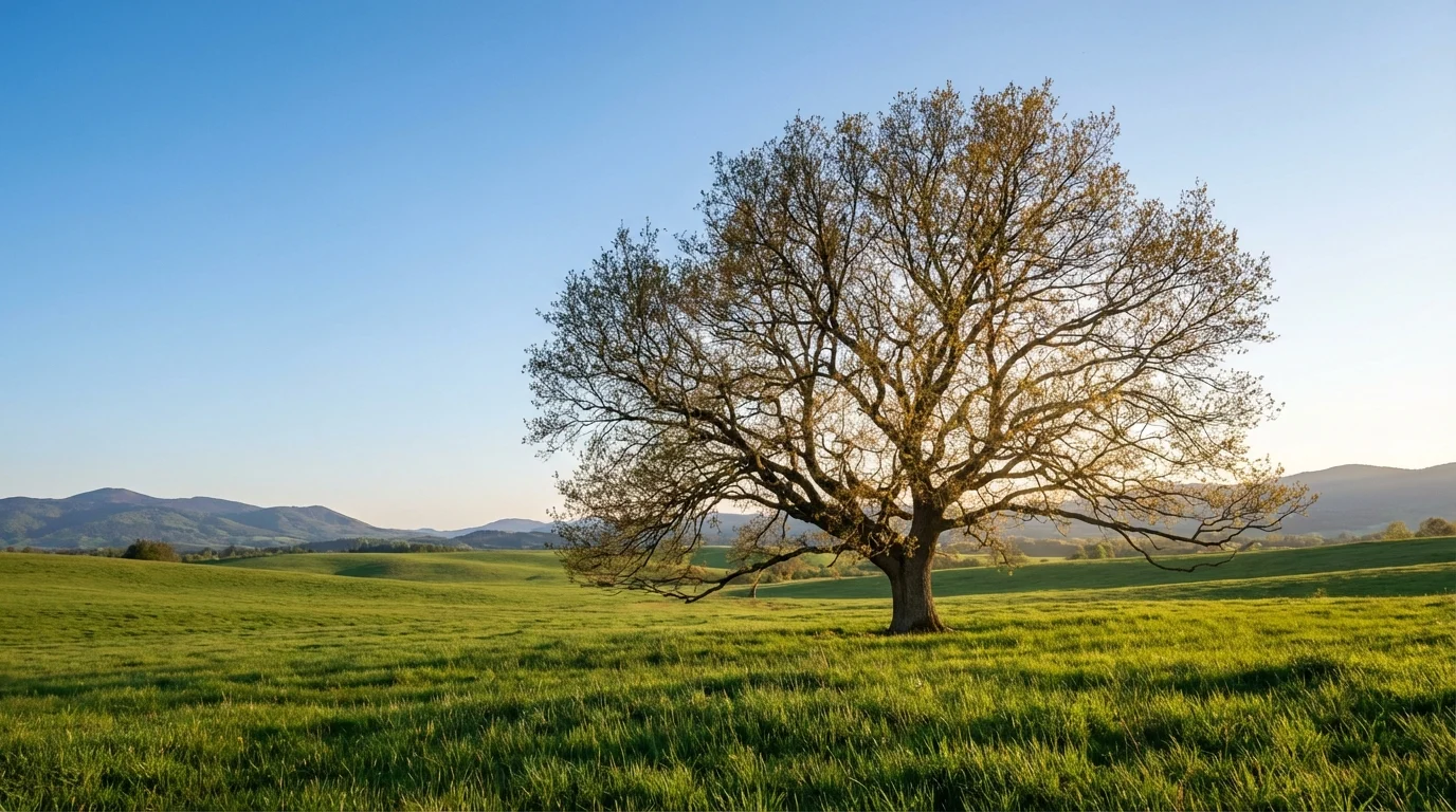 Como Plantar Semente de Lichia Passo a Passo Árvore de lichia adulta no campo sob luz do sol ||| Campo aberto verdejado com uma grande árvore frondosa cheia de folhas finas e galhos fortes, céu azul claro, sol do fim de tarde iluminando a folhagem, paisagem natural