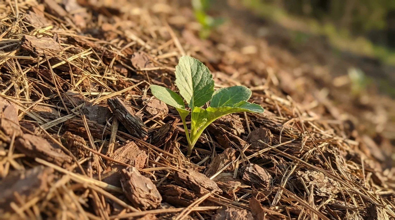 Cobertura de mulching protege a terra ao fazer um jardim em talude ||| Foco muito aproximado em uma pequena muda de planta de folhas largas rodeada por uma camada espessa e rústica de cascas de pinus secas e palha, sobre um terreno claramente inclinado, iluminação natural vibrante