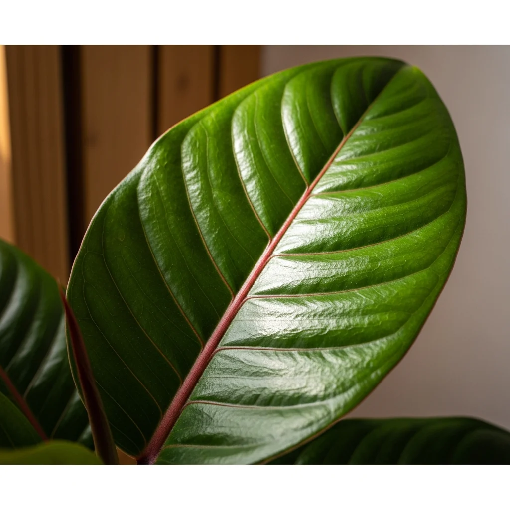 Melhor local da casa para fazer o ficus elastica crescer mais rápido ||| Folha grande verde escura brilhante com nervura central vermelha, luz suave iluminando a superfície da folha evidenciando a textura, fundo desfocado com tons quentes de madeira e parede clara, macro fotografia de natureza