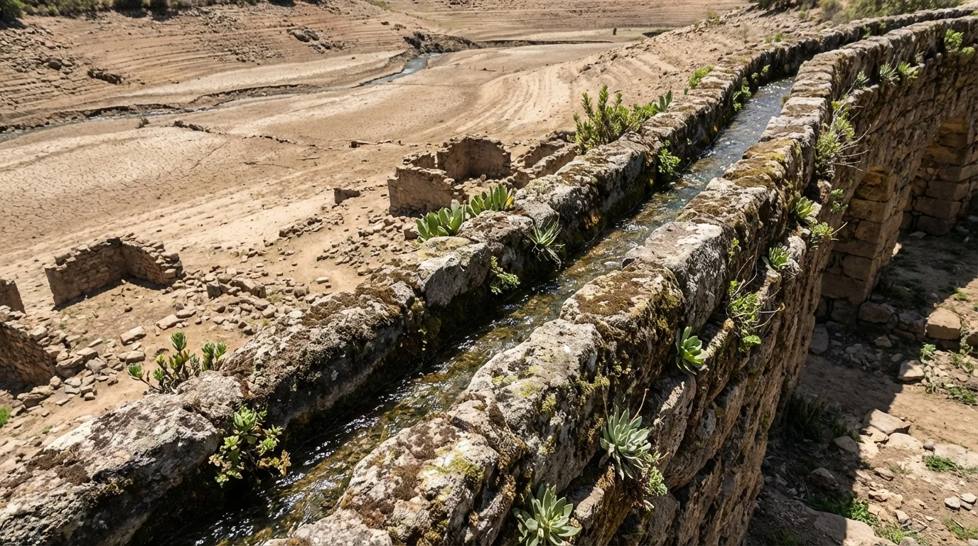Jardins da Babilônia Existiram Mesmo? Aquedutos e canais de pedra na mesopotâmia ||| Canaleta de pedra rústica conduzindo água cristalina sobre um vale seco de areia, pequenas plantas crescendo nas frestas das rochas, sol do meio-dia, fotografia realista de ruínas