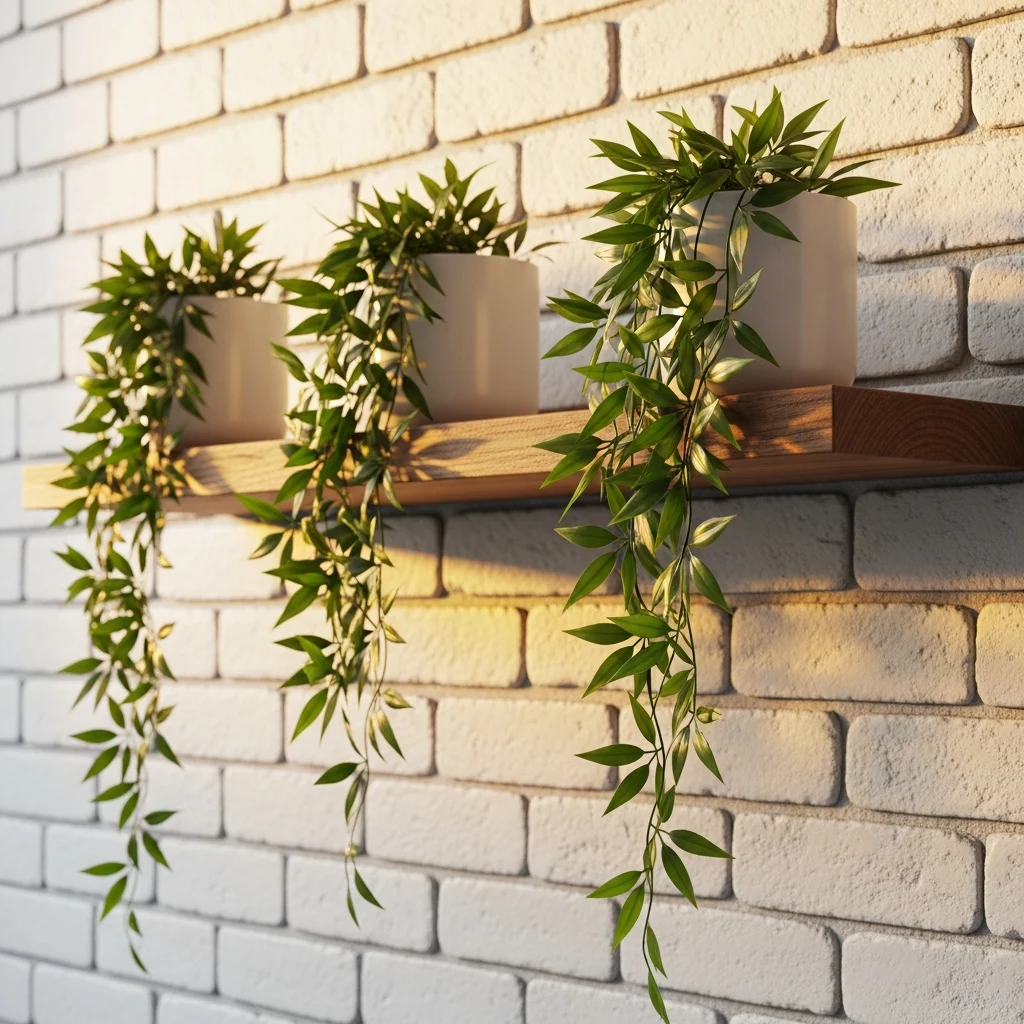 Plantas resistentes e fáceis de cuidar em casa ||| Prateleira de madeira rústica suspensa com três vasos brancos minimalistas, longas folhas verdes pendentes caídas, parede de tijolinhos aparentes pintados de branco ao fundo, iluminação amarelada