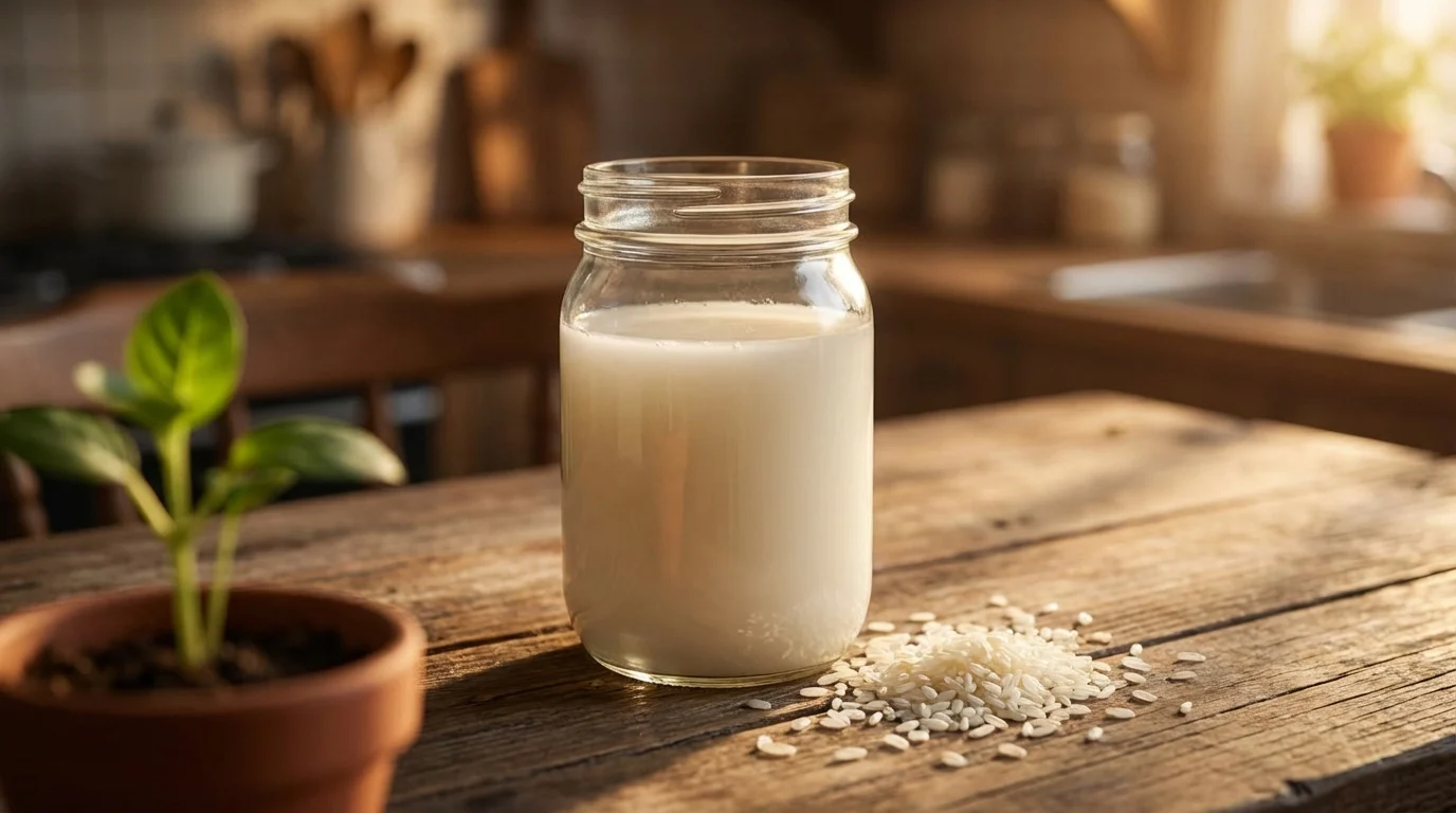 Benefícios da água de arroz nas plantas de interior ||| Pote de vidro transparente com líquido leitoso sobre mesa rústica de madeira, grãos de arroz branco espalhados ao lado, pequena muda de planta verde em primeiro plano, iluminação suave e aconchegante
