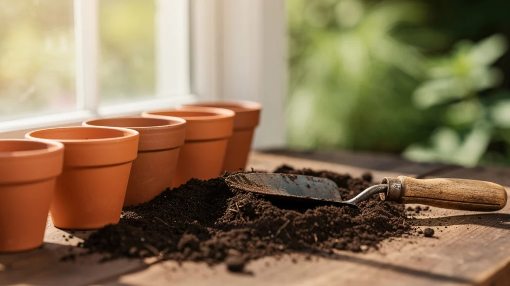 Torta de mamona para plantas — alternativas de adubação orgânica para vasos internos ||| Bancada de jardim com vários potes pequenos de terracota enfileirados, terra escura úmida, pá de jardinagem pequena de metal, luz natural vinda de janela ampla, fundo verde desfocado, tons terrosos, fotografia editorial