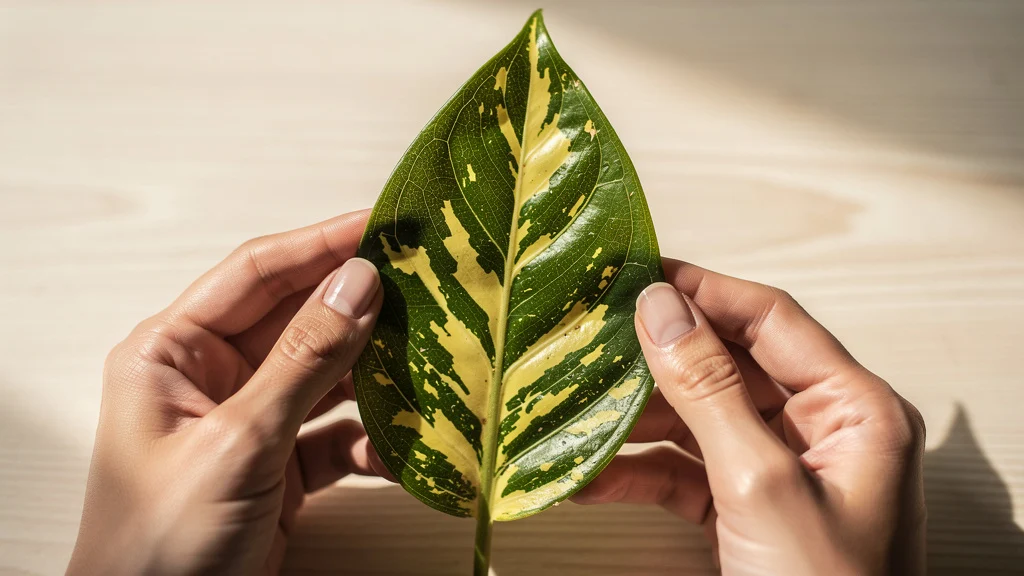 Mãos segurando folha com manchas amarelas e nervuras verdes para diagnóstico de clorose ||| Par de mãos femininas com unhas curtas segurando folha grande com áreas amarelas entre nervuras verdes, mesa de madeira clara ao fundo, luz natural de lado, foco nítido na folha, fotografia macro editorial