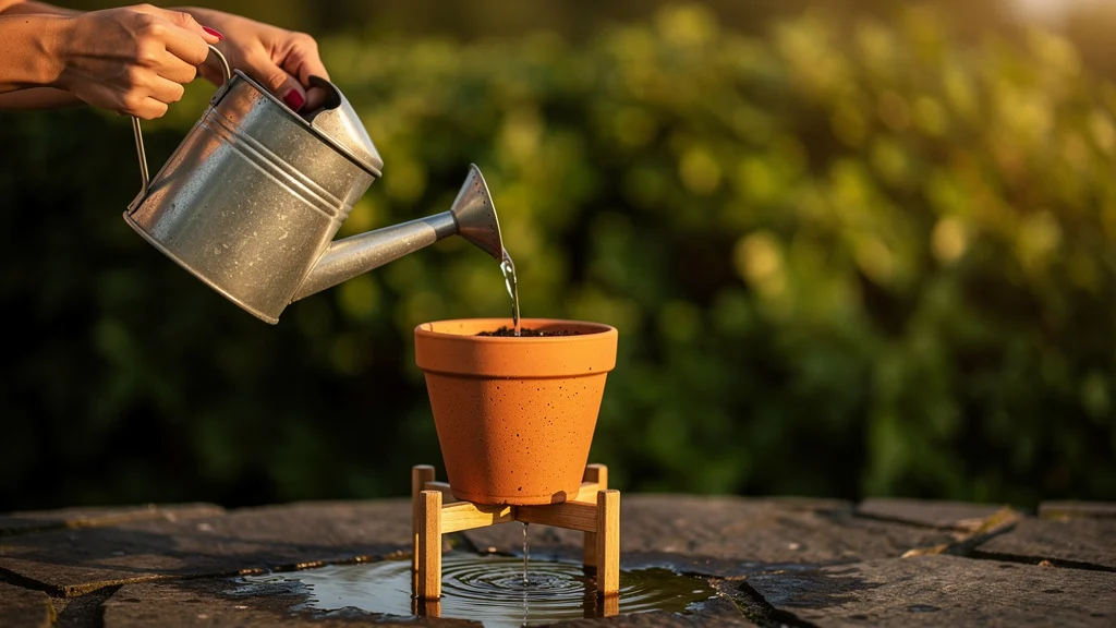 Lavagem do substrato com água corrente em vaso de planta ||| Mãos femininas segurando regador metálico sobre vaso de barro médio apoiado em suporte de madeira, água escorrendo pelo orifício inferior do vaso sobre superfície de pedra molhada, luz natural de tarde, fundo verde desfocado com folhagem