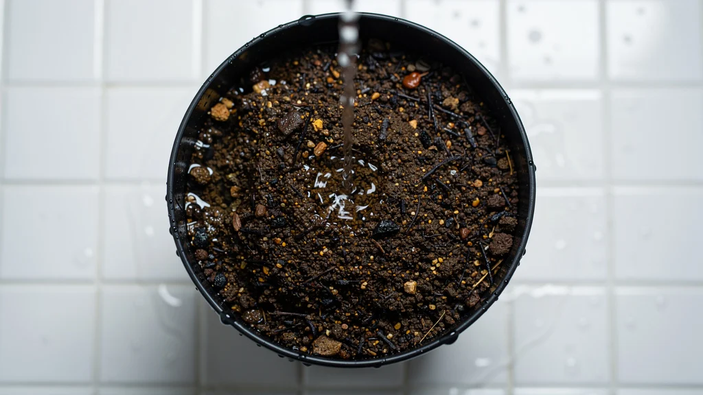 Lavagem do substrato para plantas com água correndo pelo vaso ||| Vista de cima de vaso de planta com substrato escuro, água límpida escorrendo pelas laterais em fio contínuo, superfície do substrato com textura granulada, fundo de cerâmica branca molhada, luz fria de banheiro