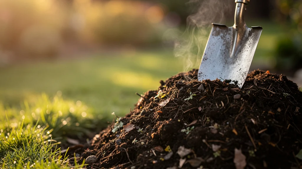 Compostagem e adubação orgânica com revolvimento de composto em caixa aberta no jardim ||| Pá de jardim metálica fincada em massa de composto escuro e fumegante, ambiente externo com grama verde ao redor, luz suave de fim de tarde, fotografia editorial ambiental