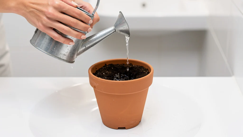 Mãos regando vaso de planta sobre pia branca com água escorrendo pelos furos de drenagem ||| Par de mãos femininas segurando regador metálico prateado sobre vaso de barro, água escorrendo clara pelo furo inferior do vaso, pia branca brilhante ao fundo, luz de banheiro suave e difusa